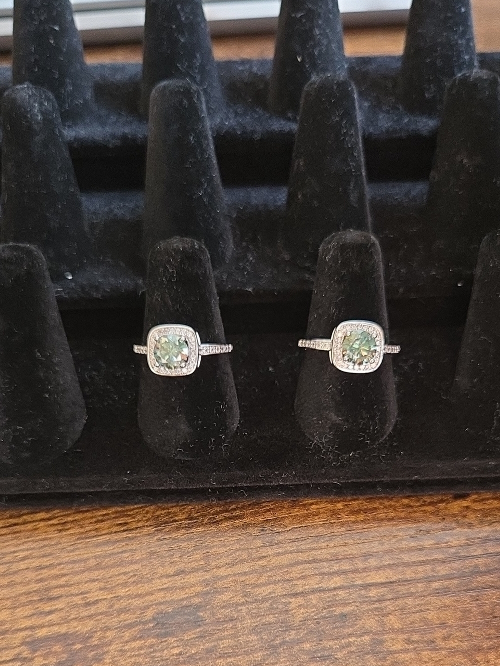 Sterling Silver Halo Ring with Green Cushion Moissanite